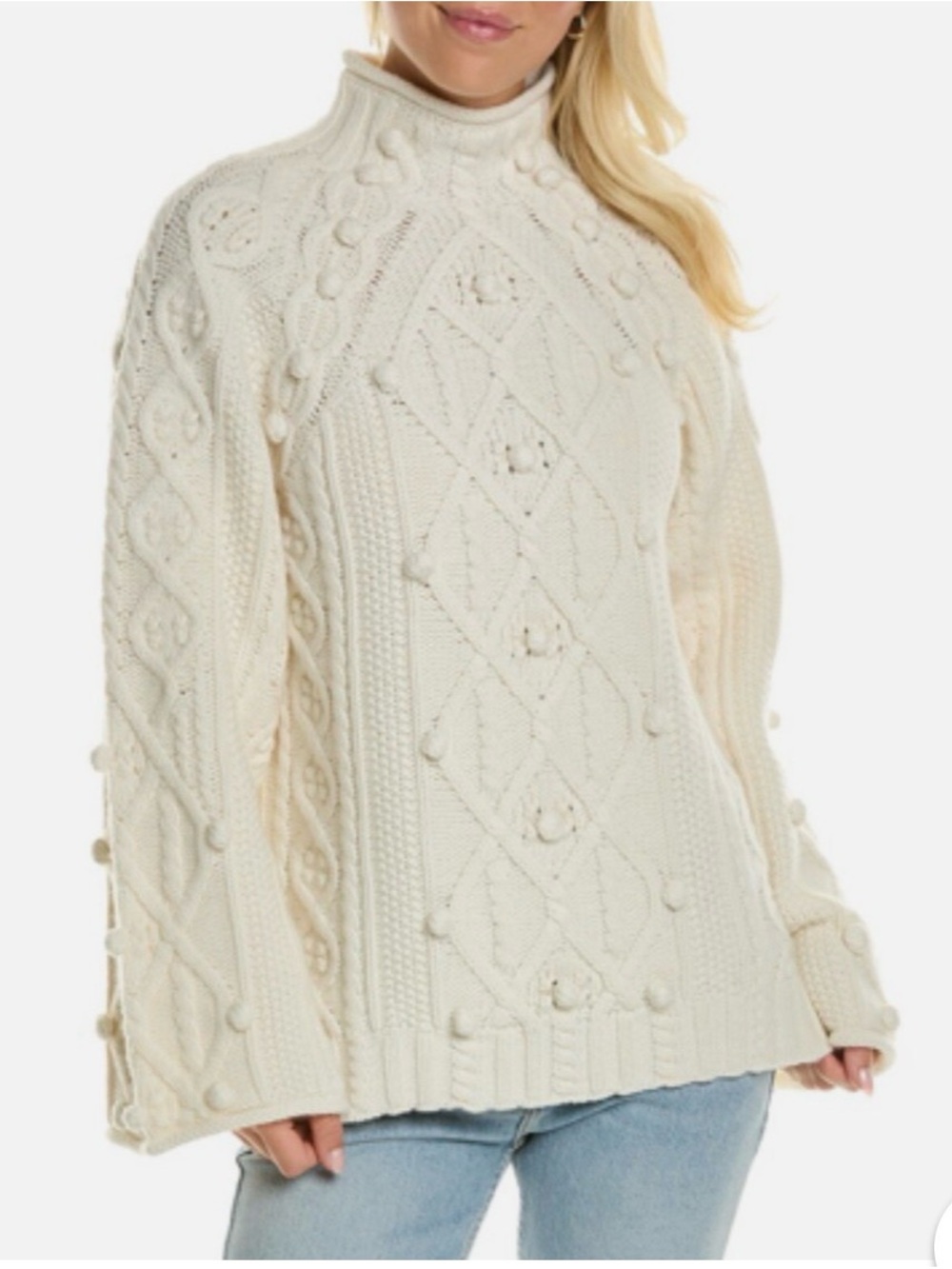 Rebecca Taylor Cream Cable & Bobble Turtleneck Sweater